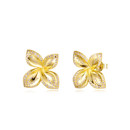 Sterling Silver Gold Plated Four Petal With CZ Stud Earrings