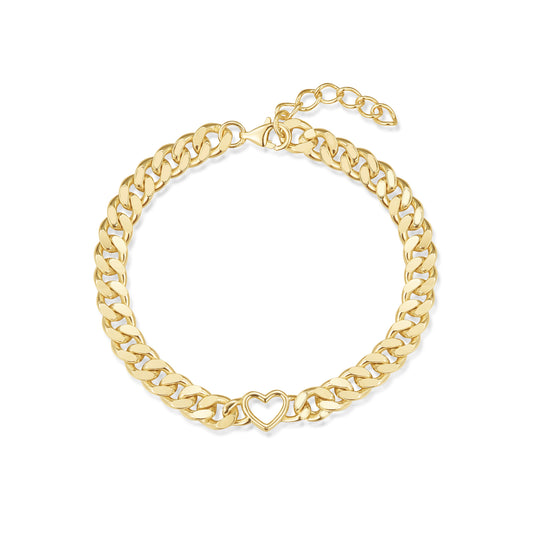 Gold-plated Sterling Silver Cuban Chain With Open Heart Bracelet