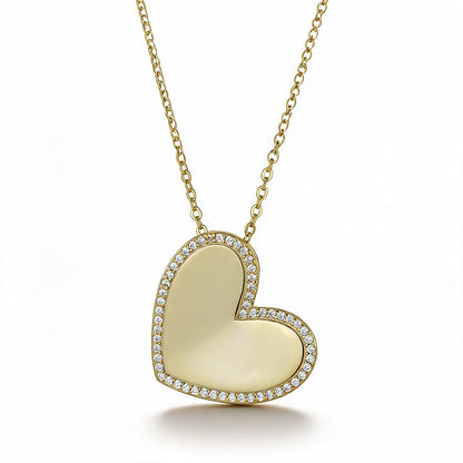 Sterling Silver Gold Plated Large Heart With CZ Border Necklace
