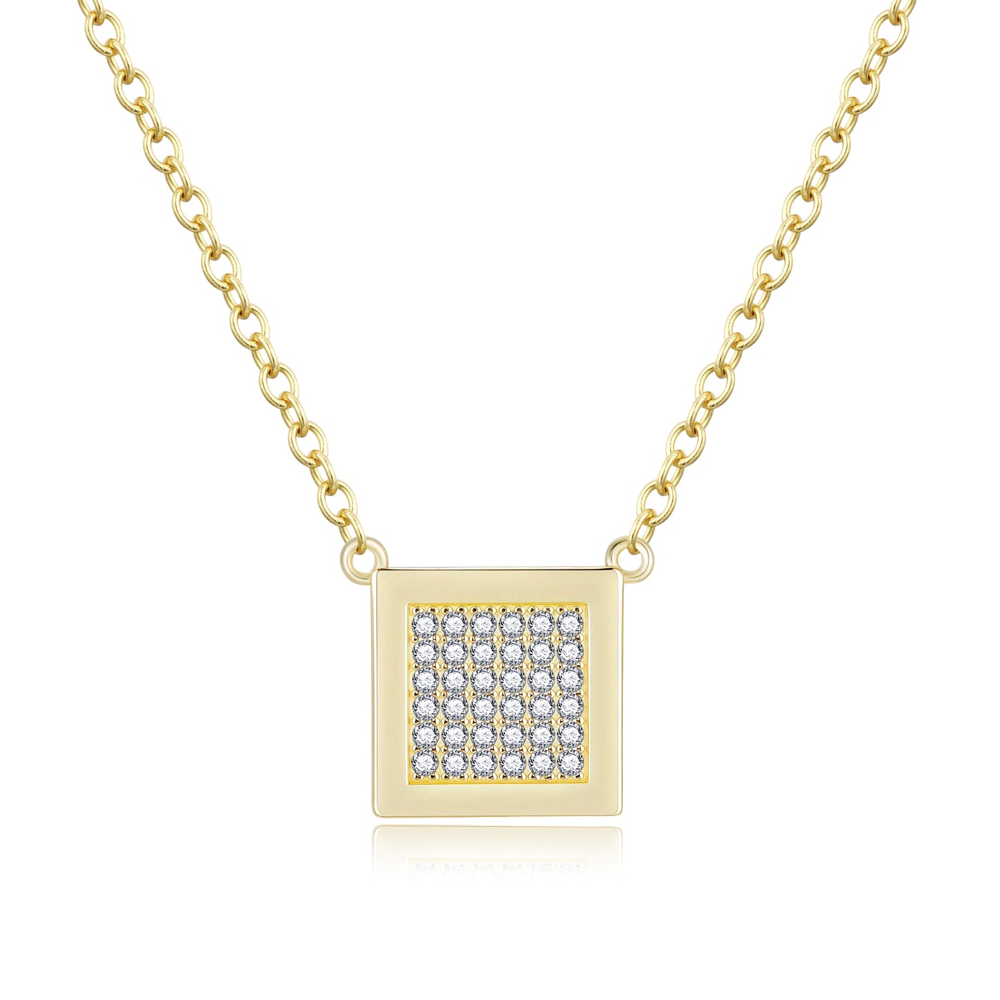 Gold Plated Sterling Silver Pave Cubic Zirconia Square Pendant Necklace
