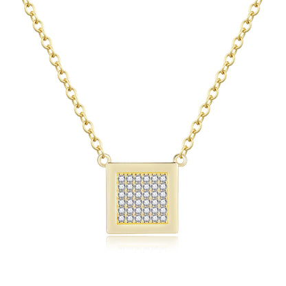 Gold Plated Sterling Silver Pave Cubic Zirconia Square Pendant Necklace