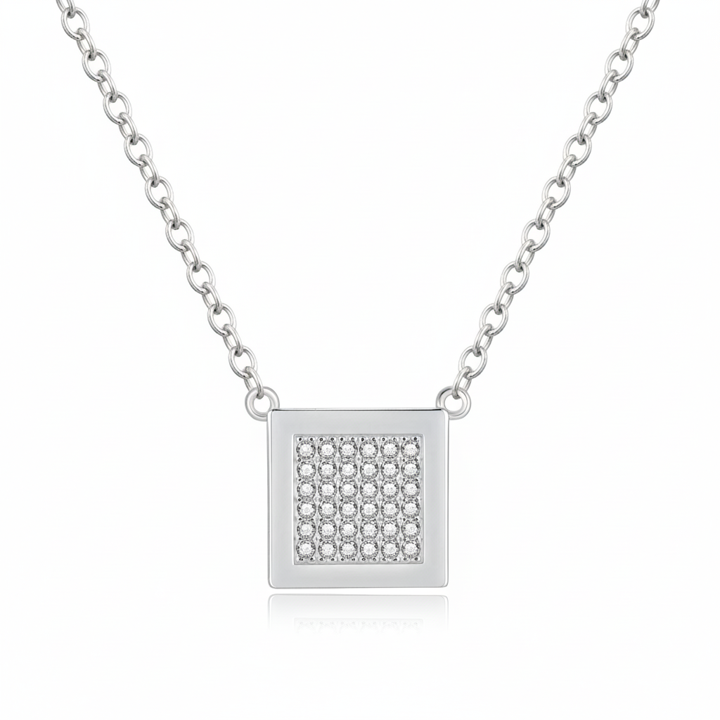 Gold Plated Sterling Silver Pave Cubic Zirconia Square Pendant Necklace