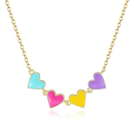 Gold Plated Sterling Silver Four Heart Colorful Enamel Necklace