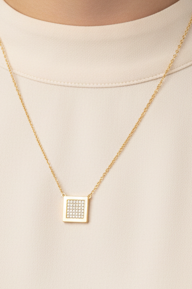 Gold Plated Sterling Silver Pave Cubic Zirconia Square Pendant Necklace