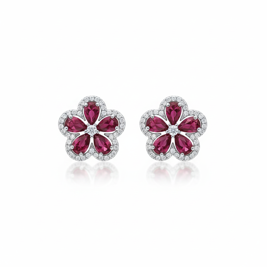 Sterling Silver Colored Cz Flower Stud Earrings