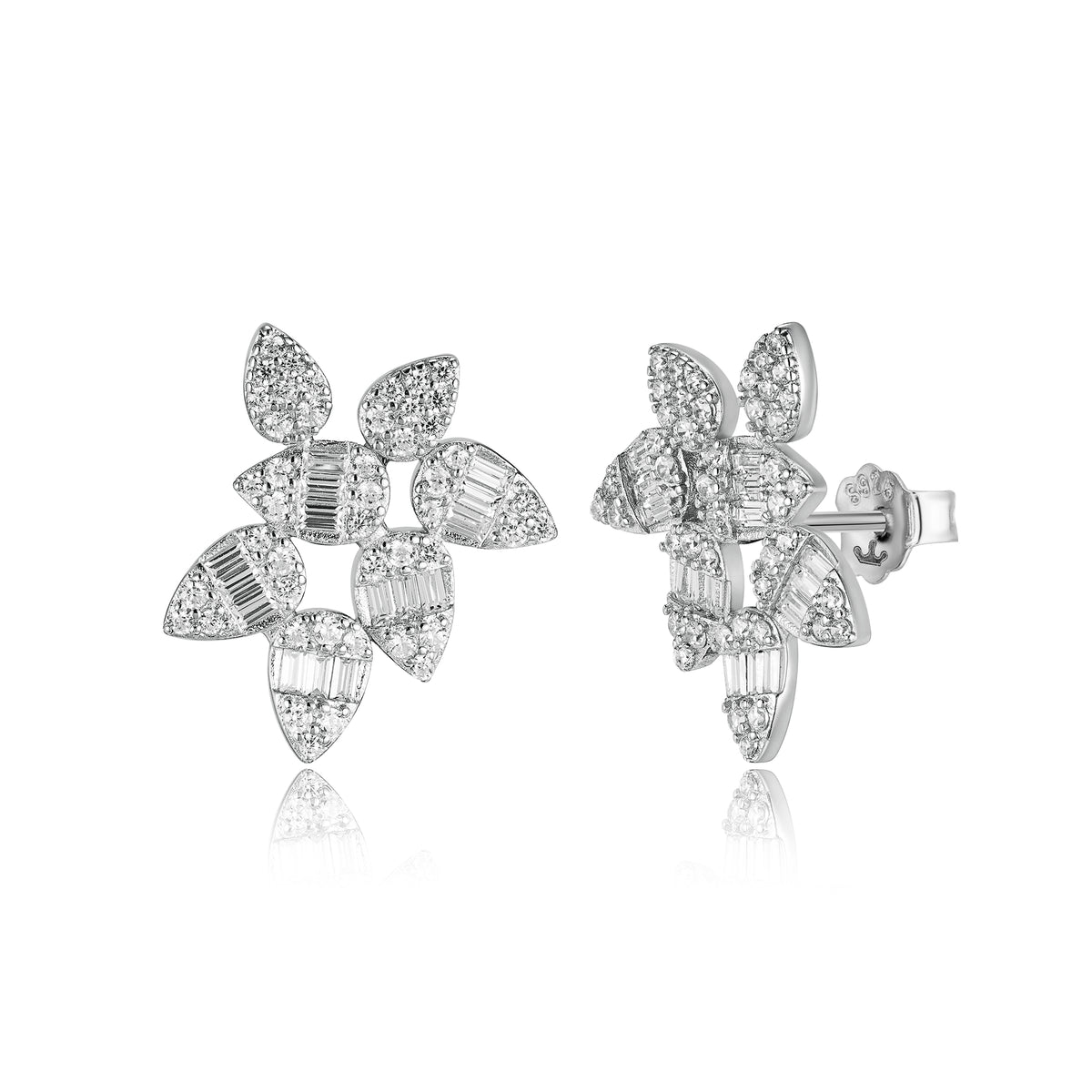 Sterling Silver CZ Floral Cluster Stud Earrings
