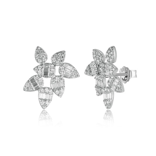 Sterling Silver CZ Floral Cluster Stud Earrings