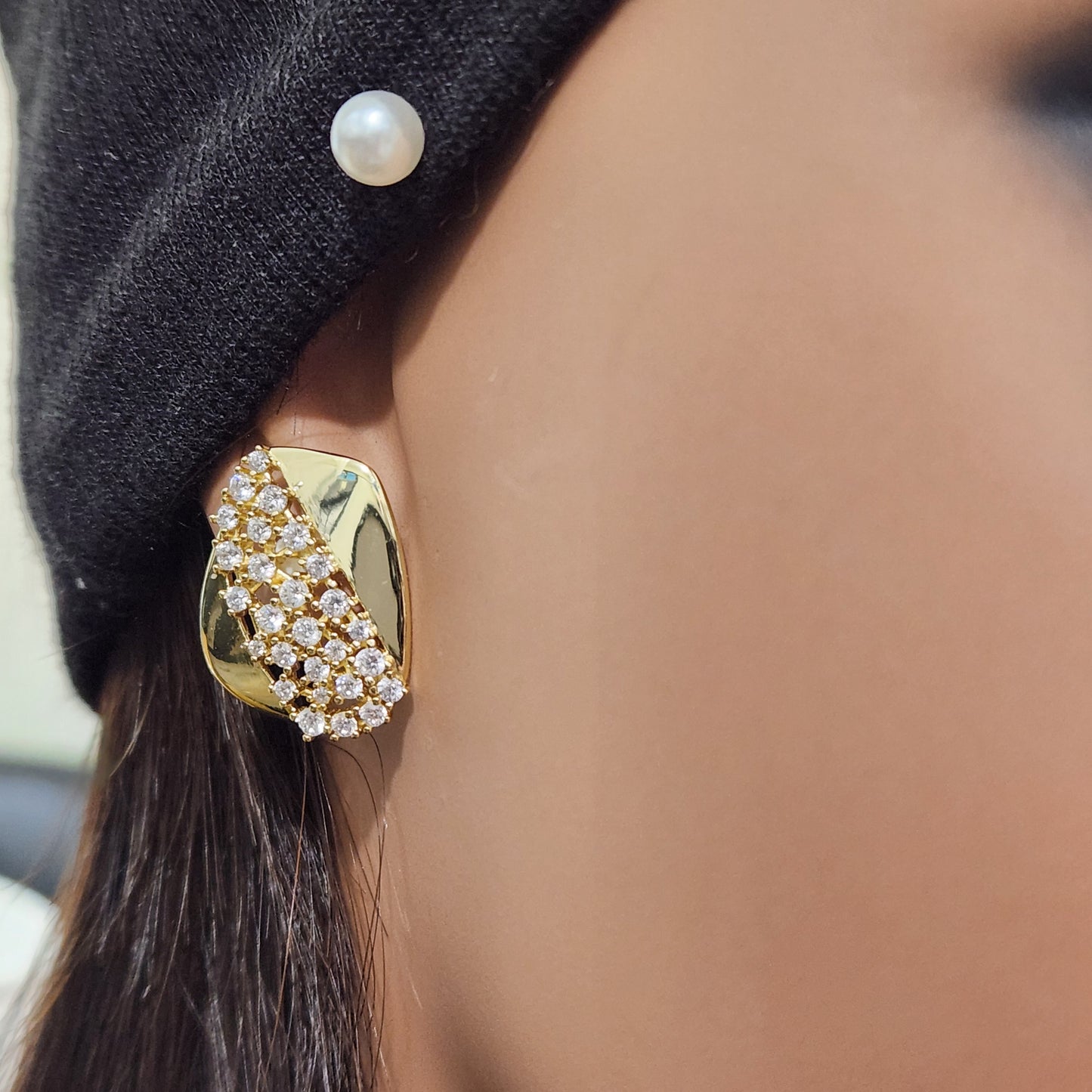 Sterling Silver Gold Plated Rectangular Shaped With CZ Stud Earrings