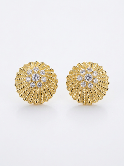 Sterling Silver Gold Plated Ribbed With Center CZ's Stud Earrings