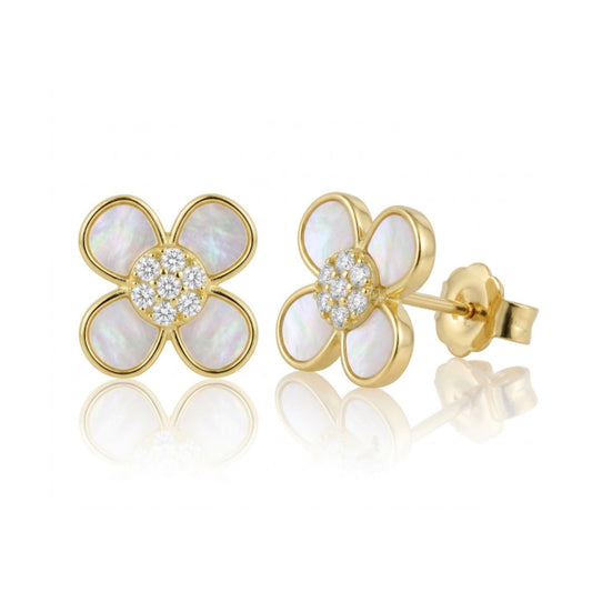 Sterling Silver White Mother of Pearl Flower Stud Earrings