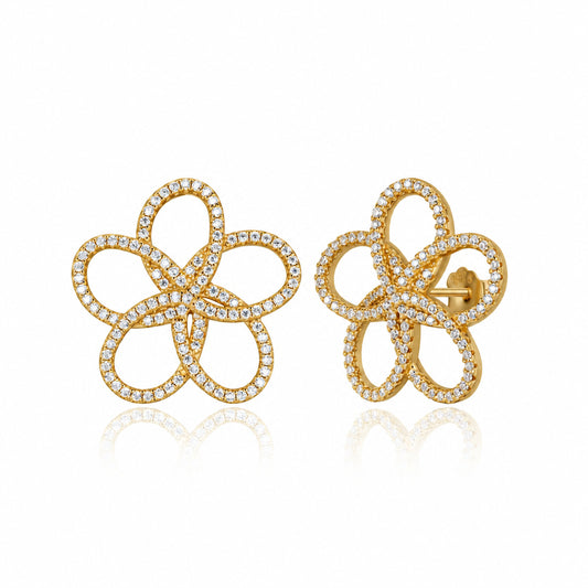 Sterling Silver Gold Plated Large Outline CZ Flower Stud Earring