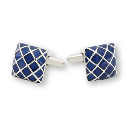 Silver Color Square Cufflinks with Blue Enamel Checkered Design