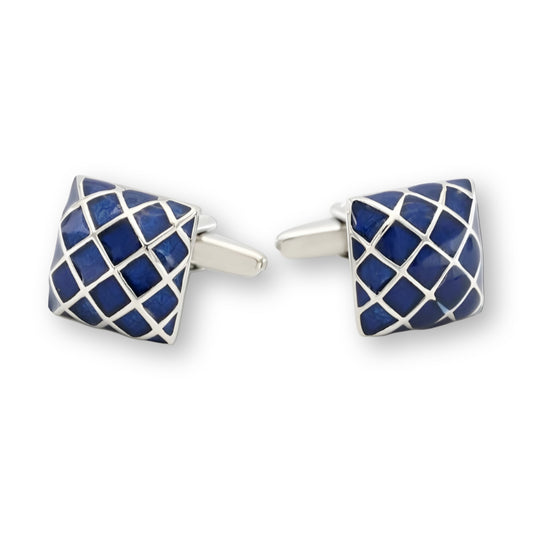 Silver Color Square Cufflinks with Blue Enamel Checkered Design
