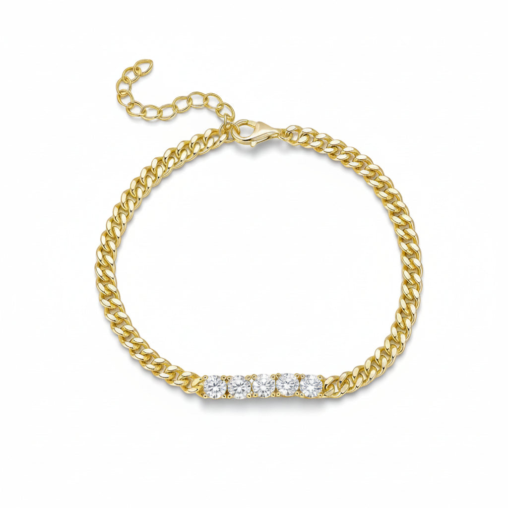 Gold-plated Sterling Silver Cuban Chain With Four CZ Bracelet