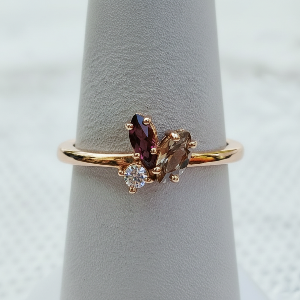 10K Rose Gold With Rhodolite, Tourmaline, and Diamond Ring