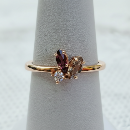 10K Rose Gold With Rhodolite, Tourmaline, and Diamond Ring