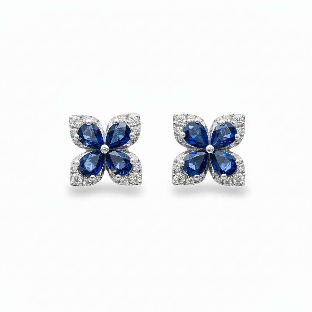10k Gold Four Petal Sapphire and Diamond Stud Earrings