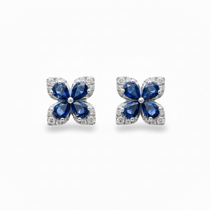 10k Gold Four Petal Sapphire and Diamond Stud Earrings