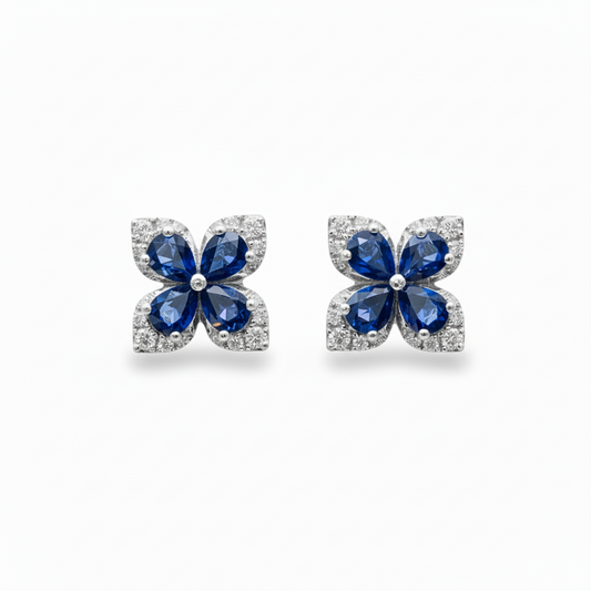 10k Gold Four Petal Sapphire and Diamond Stud Earrings