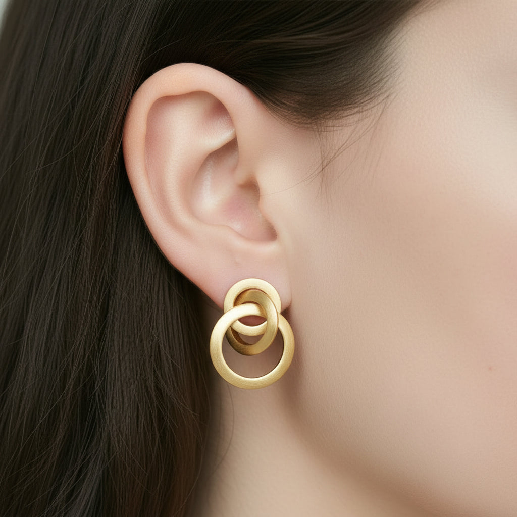 Sterling Silver Brushed Gold Plated Connected Circles Stud Earring