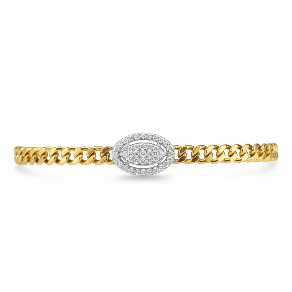 Micropave Oval Cuban Curb Chain Bracelet - Gold Plated Silver 6" + 1"
