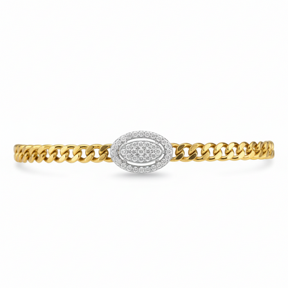 Micropave Oval Cuban Curb Chain Bracelet - Gold Plated Silver 6" + 1"