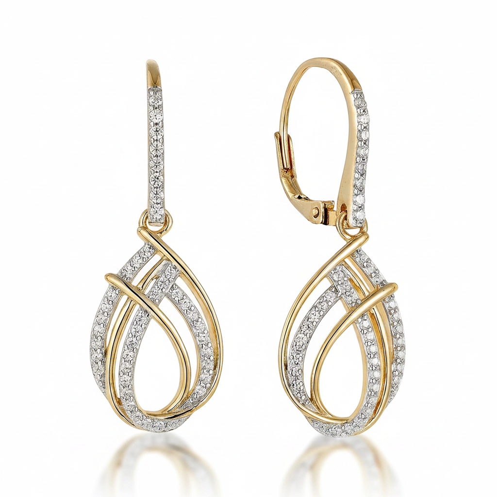 Sterling Silver Gold Plated Teardrop With CZ on Leverback Earrings