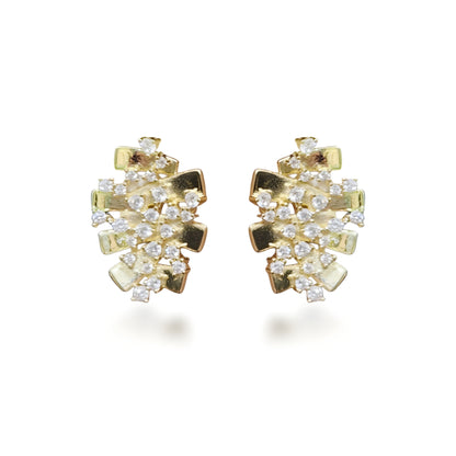 Sterling Silver Gold Plated Wave Sprinkled CZ Stud Earrings
