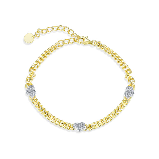 Gold-plated Sterling Silver Cuban Chain With Three Micropave Hearts Bracelet