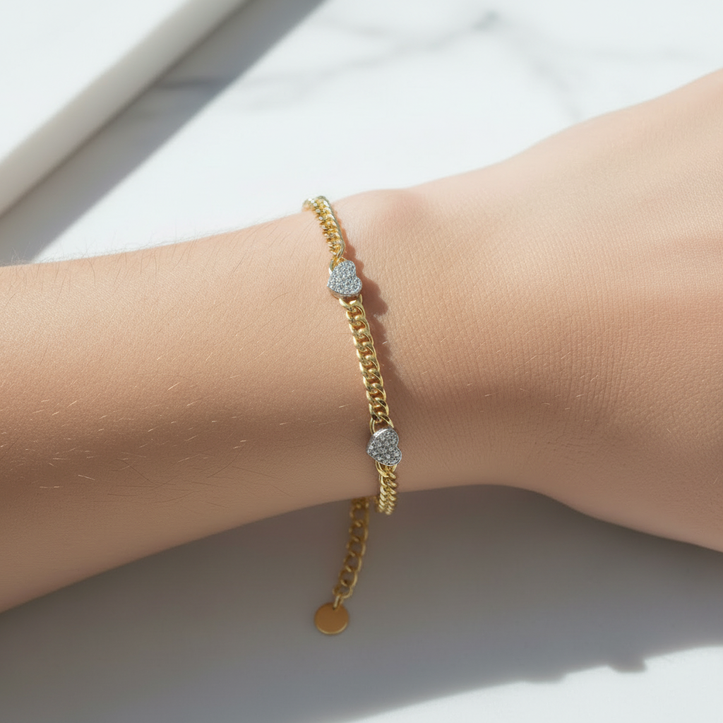 Gold-plated Sterling Silver Cuban Chain With Three Micropave Hearts Bracelet