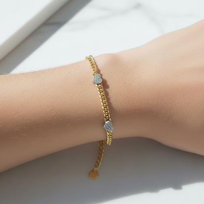 Gold-plated Sterling Silver Cuban Chain With Three Micropave Hearts Bracelet