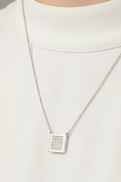 Gold Plated Sterling Silver Pave Cubic Zirconia Square Pendant Necklace
