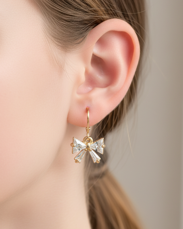 Gold Plated Cubic Zirconia Bow Leverback Earrings