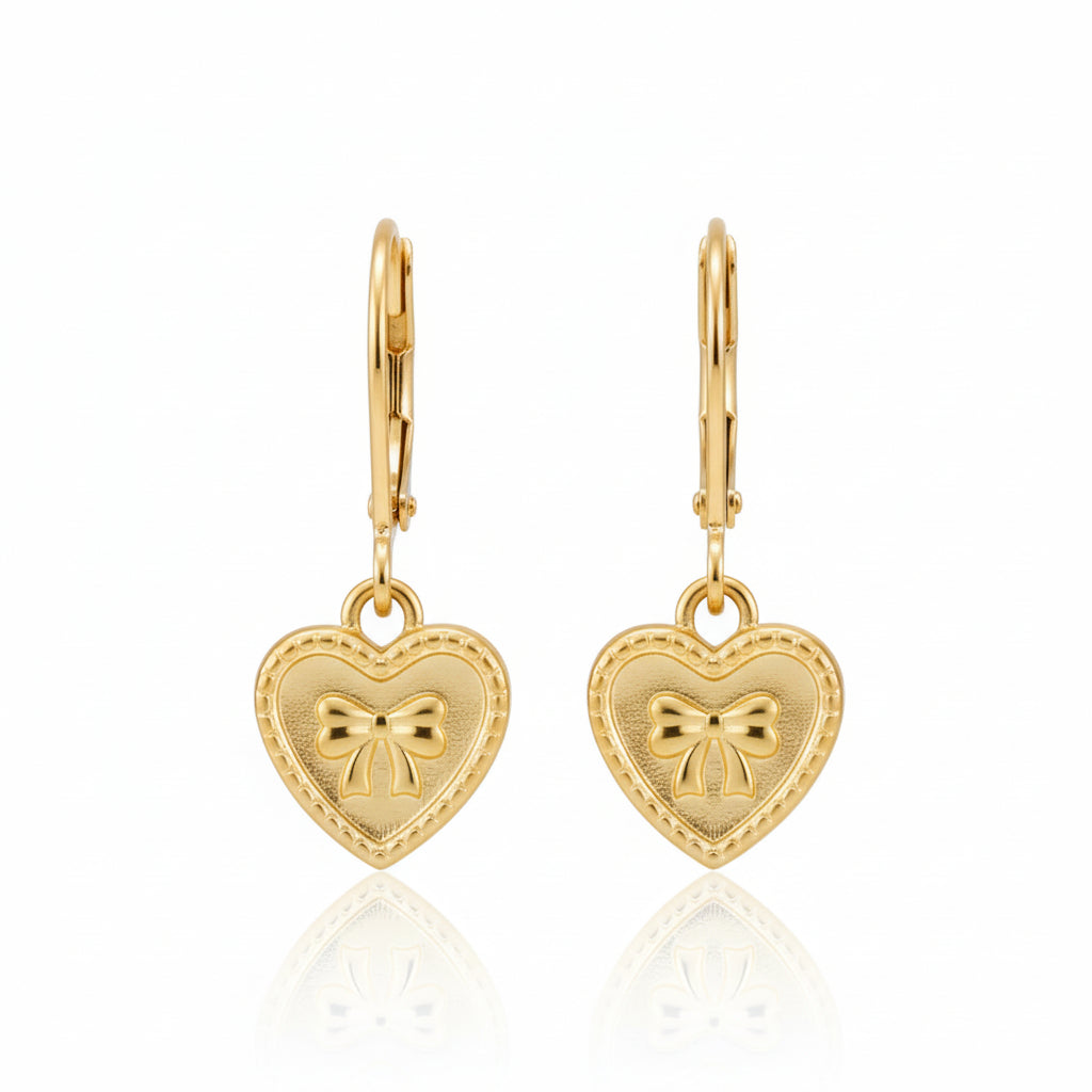 Gold Plated Heart with Bow Leverback Earrings