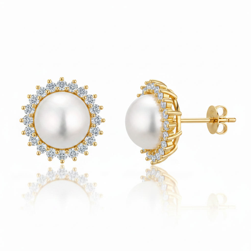 Sterling Silver Pearl & CZ Halo Stud Earrings