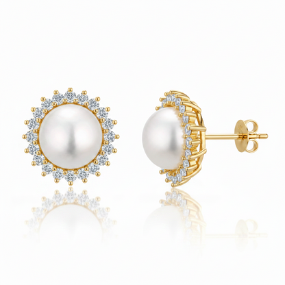 Sterling Silver Pearl & CZ Halo Stud Earrings