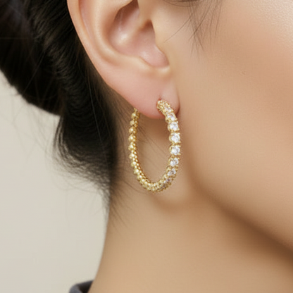 Sterling Silver Gold Plated Ball With Buttercup Set CZ Oval Hoop