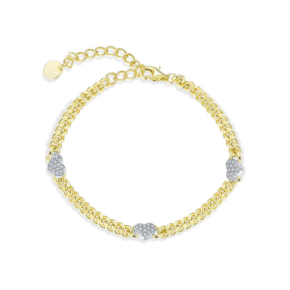 Gold-plated Sterling Silver Cuban Chain With Three Micropave Hearts Bracelet
