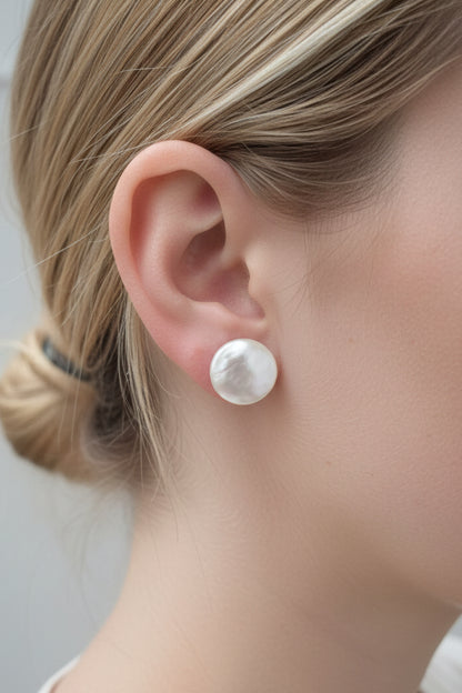 Coin Pearl Stud Earrings