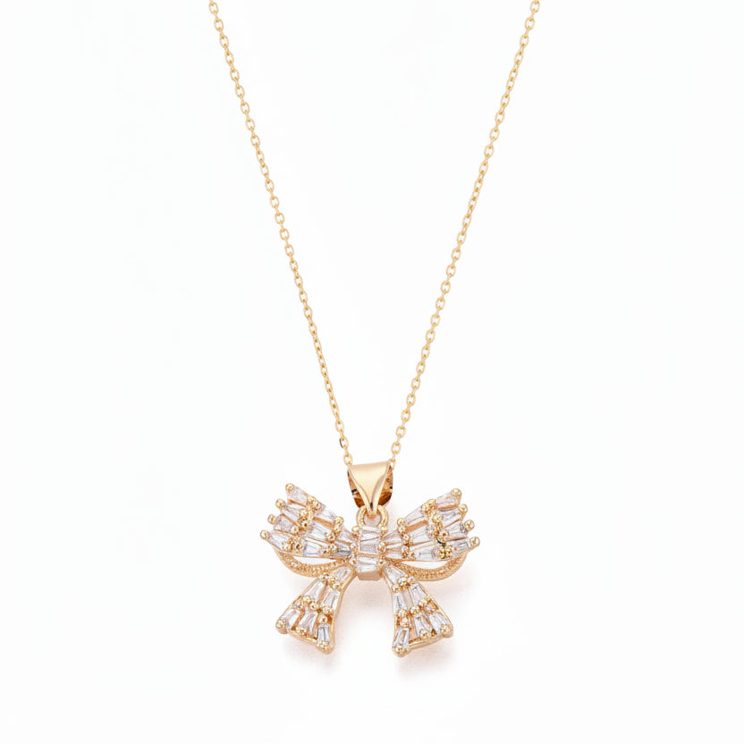 Gold Plated Baguette CZ Bow Pendant Necklace