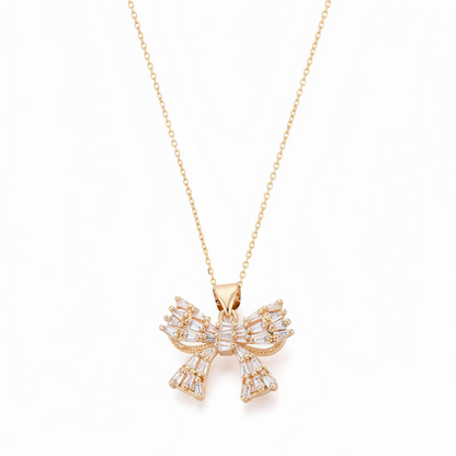 Gold Plated Baguette CZ Bow Pendant Necklace