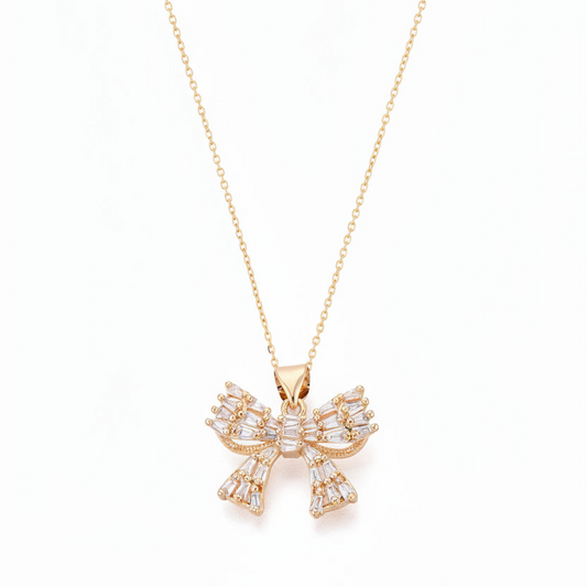 Gold Plated Baguette CZ Bow Pendant Necklace