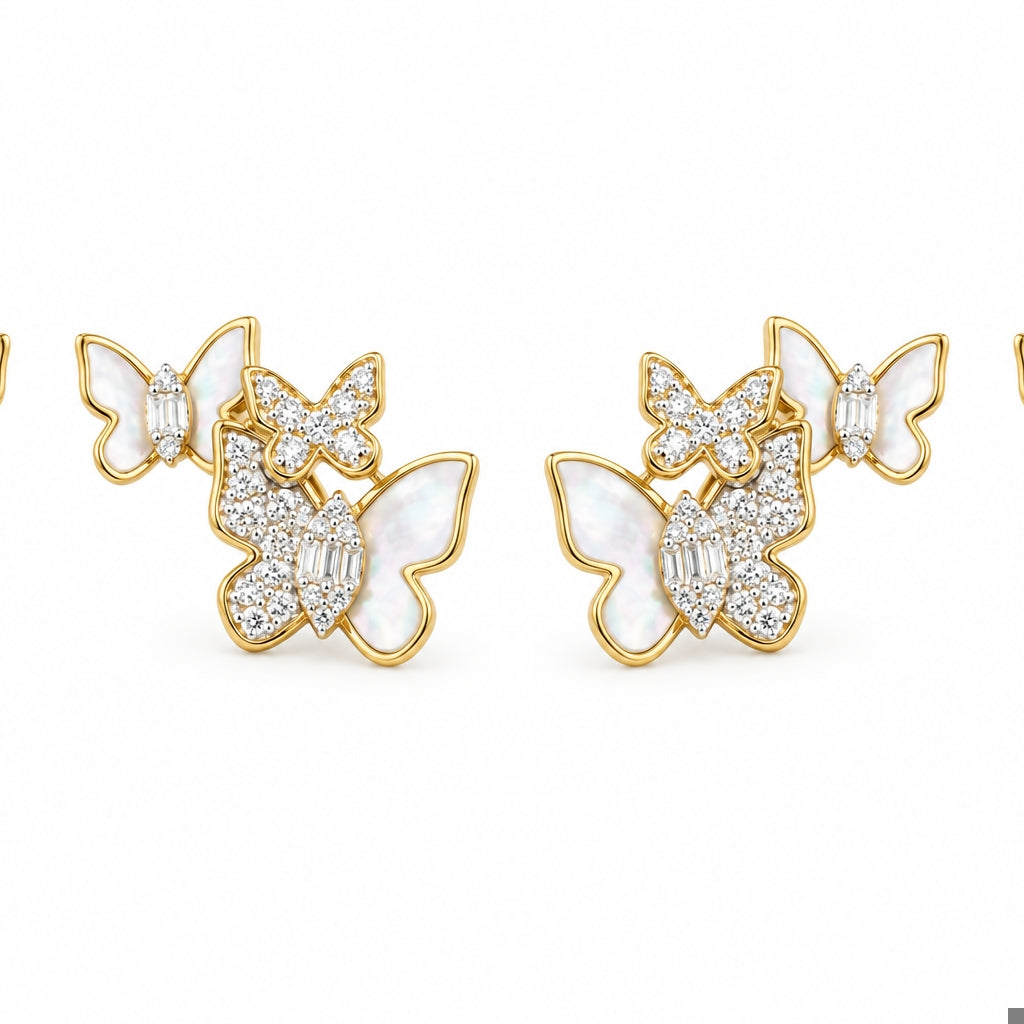 Sterling Silver Triple Butterfly Stud Earrings – White Mother of Pearl & CZ
