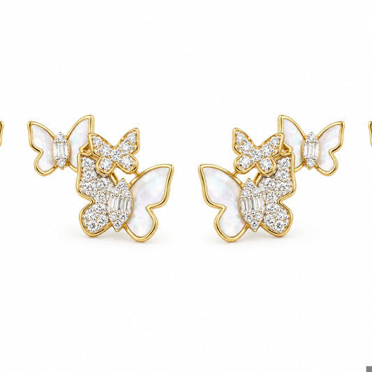 Sterling Silver Triple Butterfly Stud Earrings – White Mother of Pearl & CZ