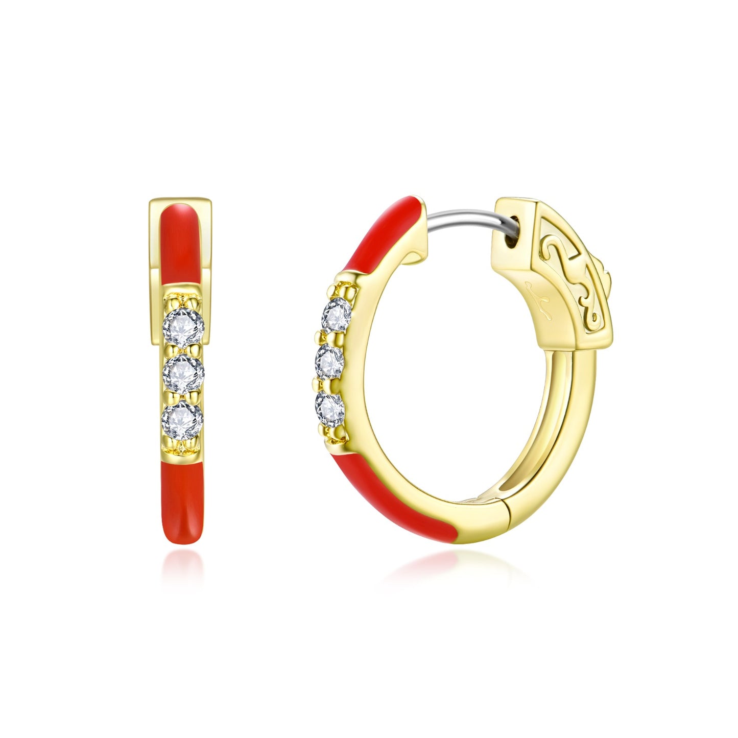 Surgical Steel Gold Plated Round CZ and Enamel Hoop Earrings
