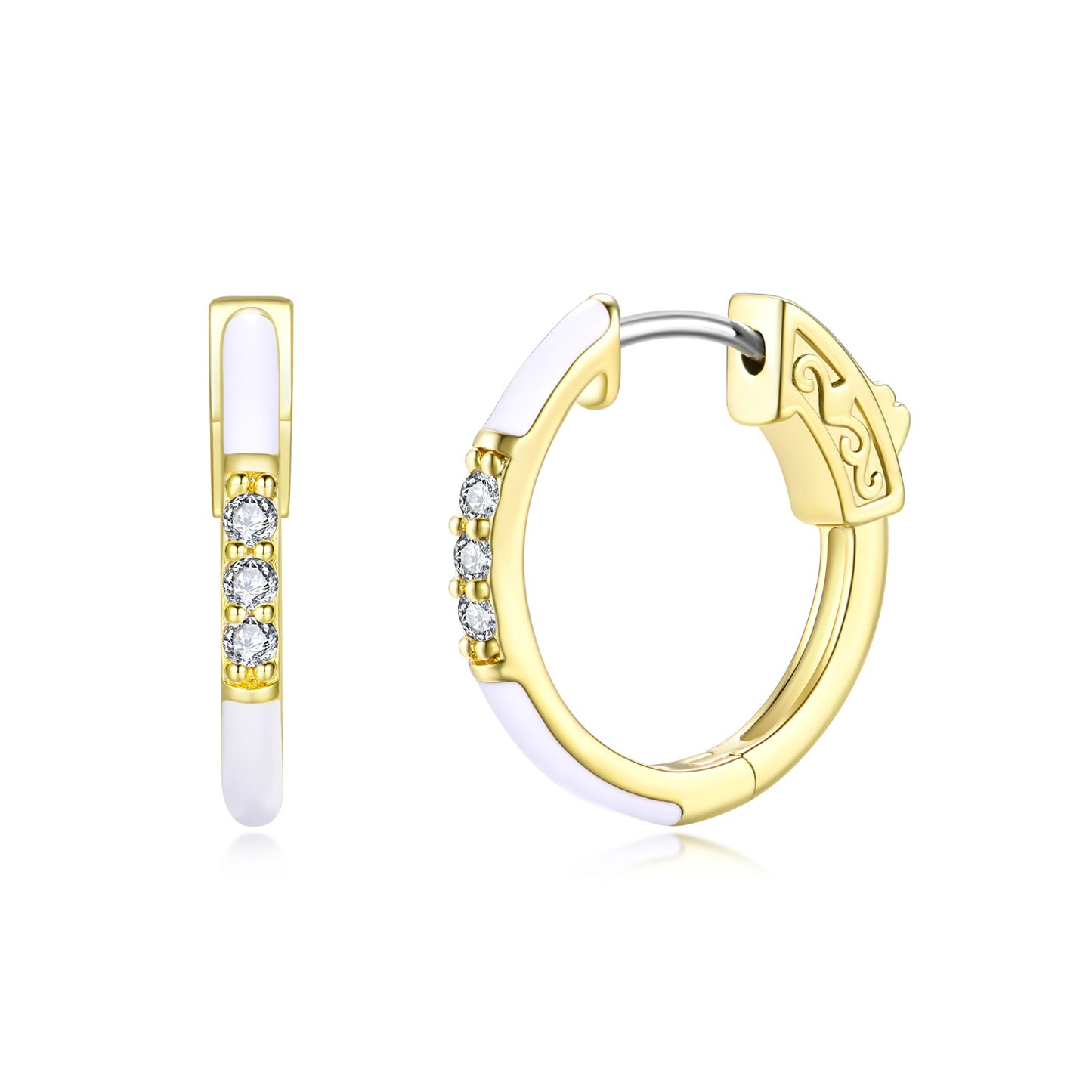 Surgical Steel Gold Plated Round CZ and Enamel Hoop Earrings