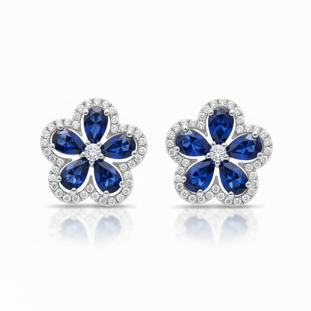 Sterling Silver Colored Cz Flower Stud Earrings