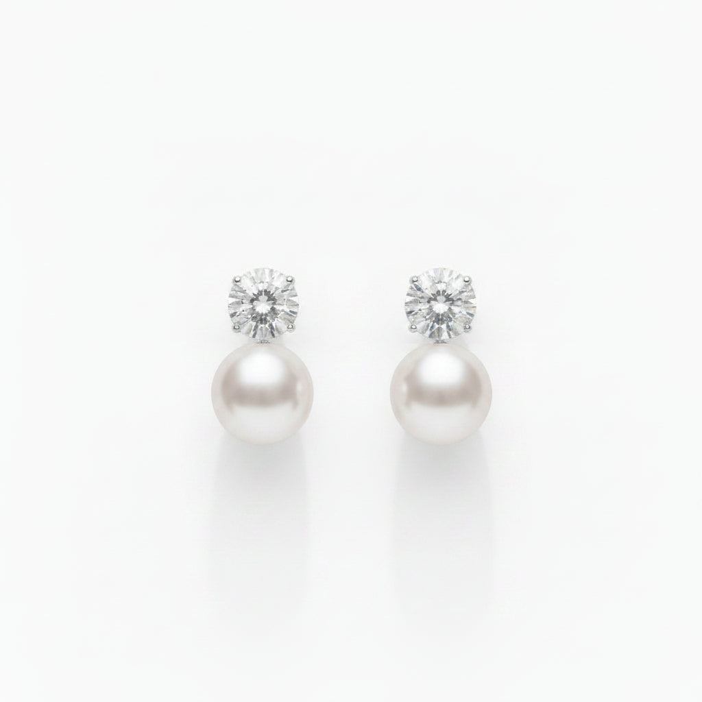14K White Gold Lab Diamond & Freshwater Pearl Drop Earrings