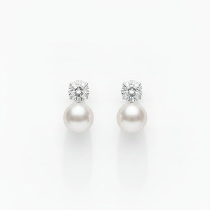 14K White Gold Lab Diamond & Freshwater Pearl Drop Earrings