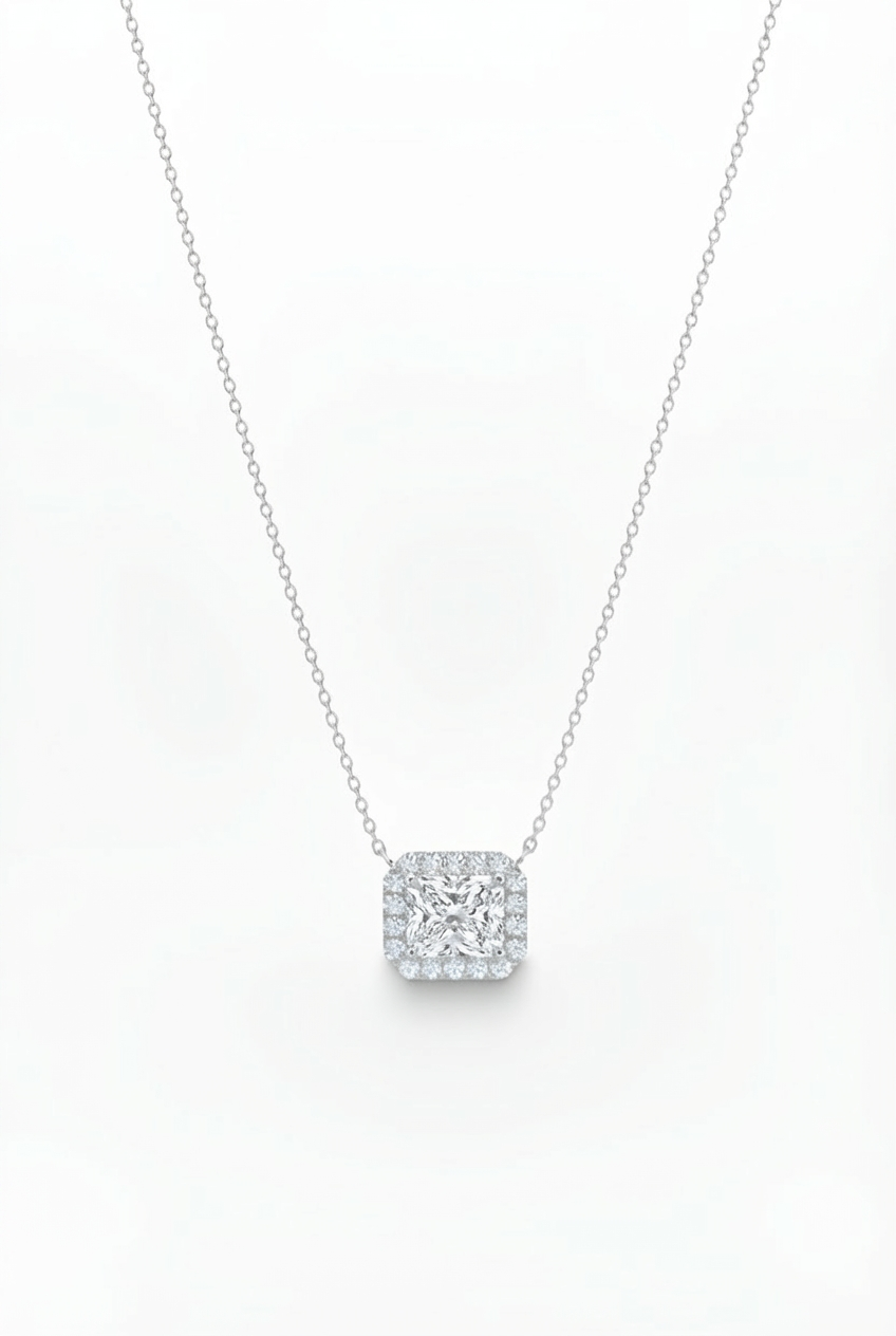 14K Radiant or Emerald Cut Halo CVD Lab Grown Diamond Necklace